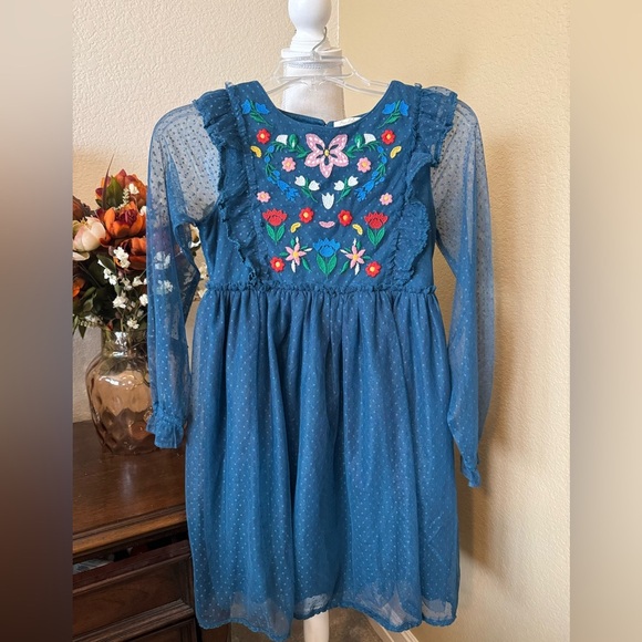 Mini Boden Blue Embroidered Tulle Floral Dress Sz 11/12